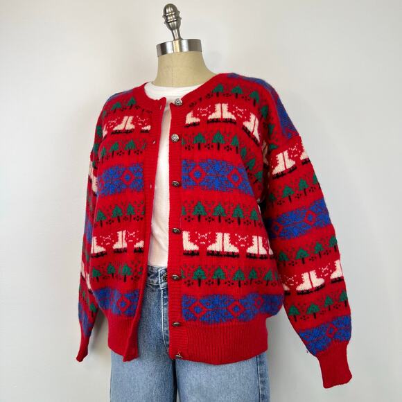 Vintage Robert Scott Ltd 100% Wool Holiday Ice Skate Cardigan Knit Sweater (M) - Picture 3 of 10